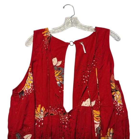 Free People Lovely Day Floral Print Mini Tunic Dress L Red Boho Tie Front Boxy - Picture 12 of 15